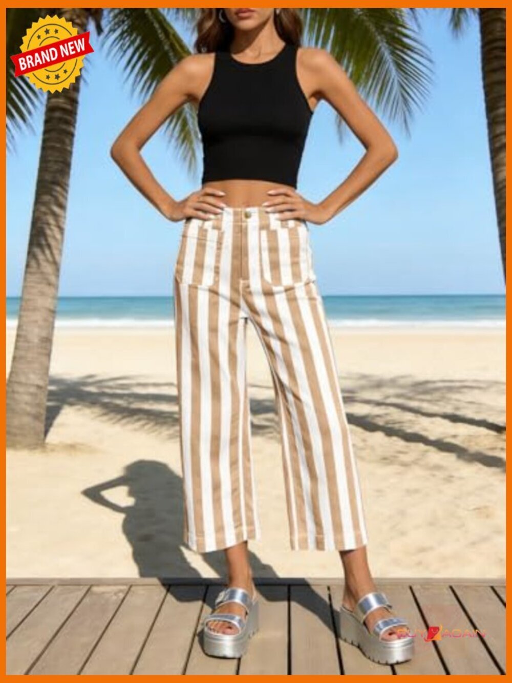 High Waisted Cropped Striped Jeans Stretchy Denim Pockets Straight Leg - Picture 3 of 7